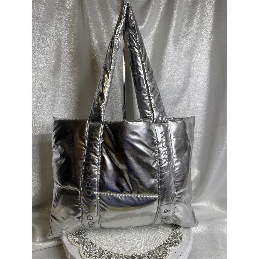 BATH & and BODY WORKS Puffy Puffer SILVER SHINY Tote Bag Carry All 2024 NWT